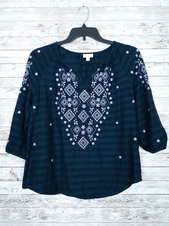 J. Jill Tops - J Jill Embroidered Peasant Top S Boho 3/4 Sleeve Notch Neck Navy Stripe 957A